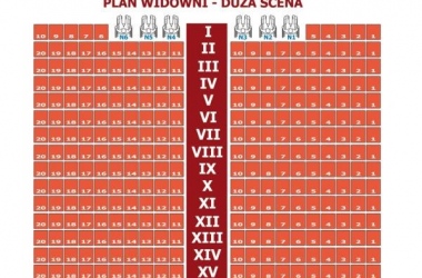 Plan Dużej Sceny w formacie jpg. Jest piętnaście rzędów. Pierwszy rząd ma po pięć foteli po lewej i prawej stronie. Od drugiego rzędu do piętnastego jest dwadzieścia foteli w rzędzie, między dziesiątym a jedenastym fotelem są schody