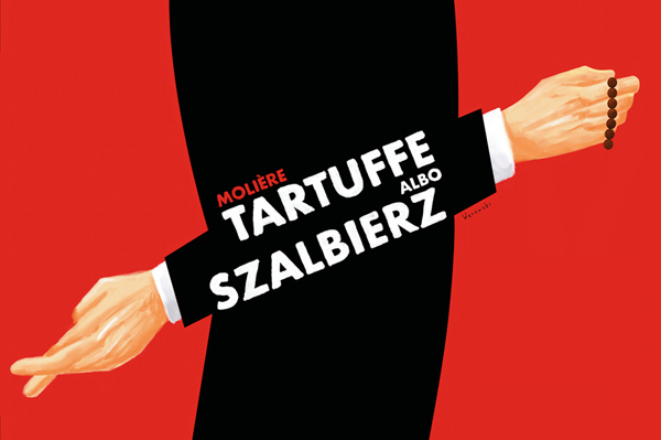 plakat tartuffe na czerwonym tle na środku czarny cień mężczyzny po prawej stronie w ręku trzyma czarny różaniec na środku napis molier tarrtuffe albo szalbierz